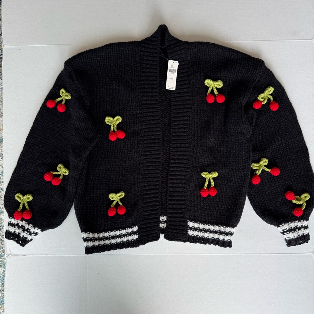 Anthropologie Maeve Black Varsity Cardigan Sweater 3D Cherry - Picture 6 of 8